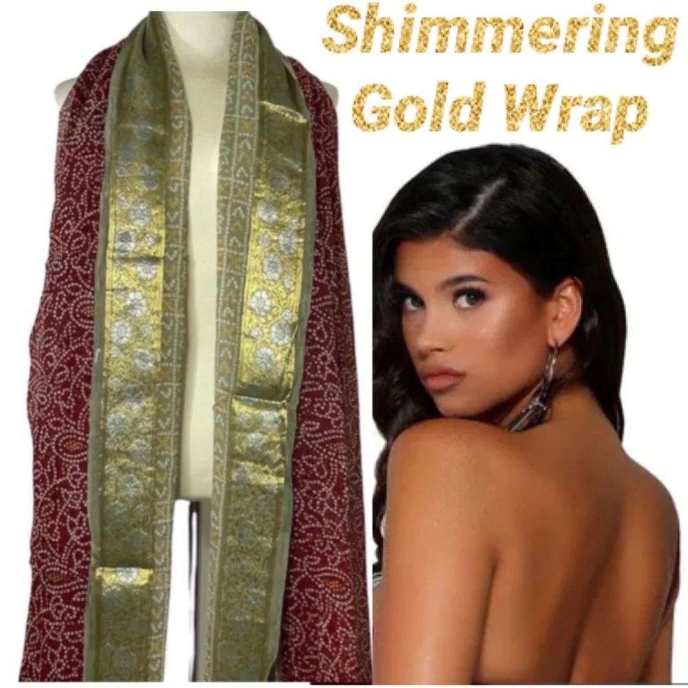 Vintage Scarf Luxury Floral Body Wrap Ornate Gold Paisley Filigree Burgundy Red